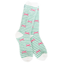 A pair of white crew socks with thin green horizontal stripes and small red bow motifs, shown against a plain white background.