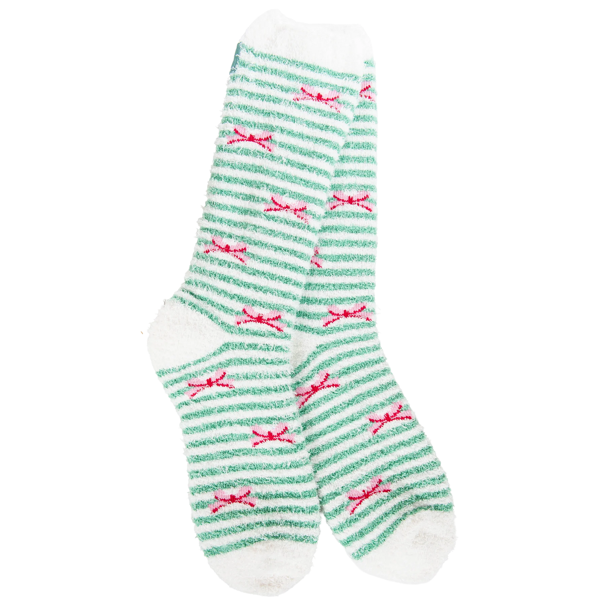 A pair of white crew socks with thin green horizontal stripes and small red bow motifs, shown against a plain white background.