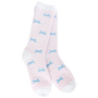 Pink and white striped socks with blue bow patterns on a white background