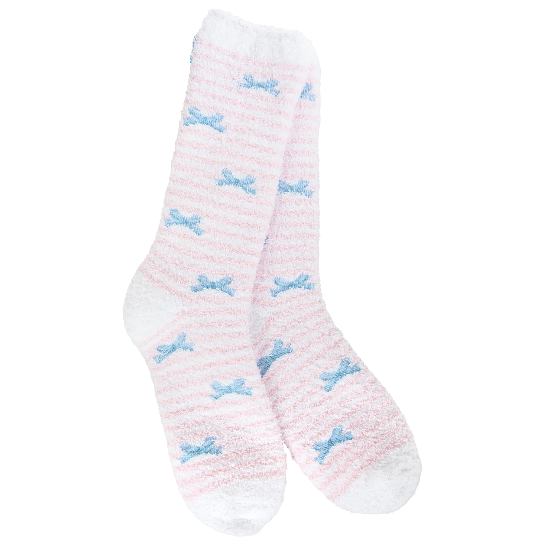Pink and white striped socks with blue bow patterns on a white background