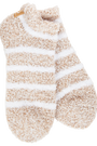 Pair of beige and white striped socks on a white background