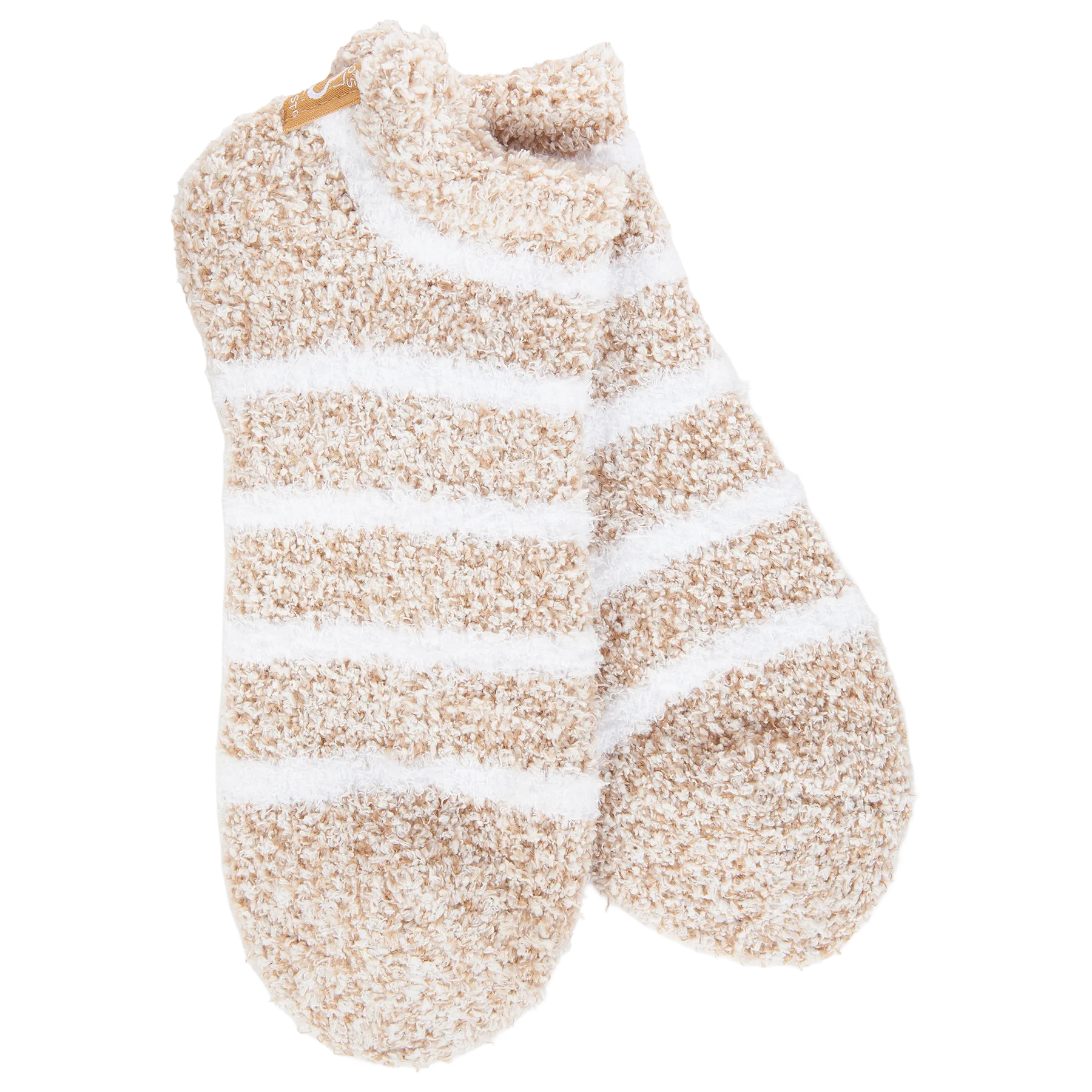 Pair of beige and white striped socks on a white background