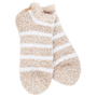 Pair of beige and white striped socks on a white background