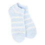 Pair of light blue socks with white stripes on a white background