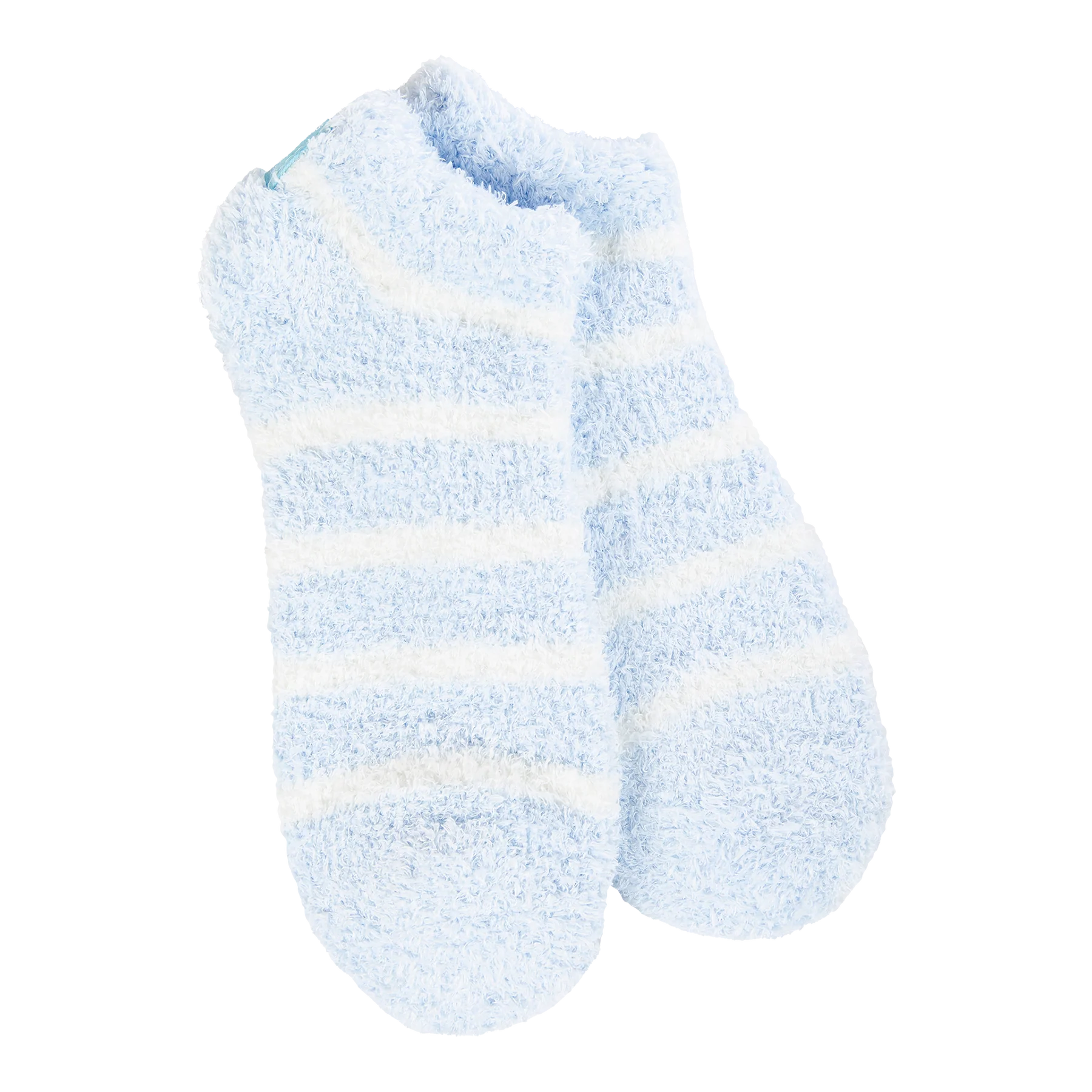 Pair of light blue socks with white stripes on a white background