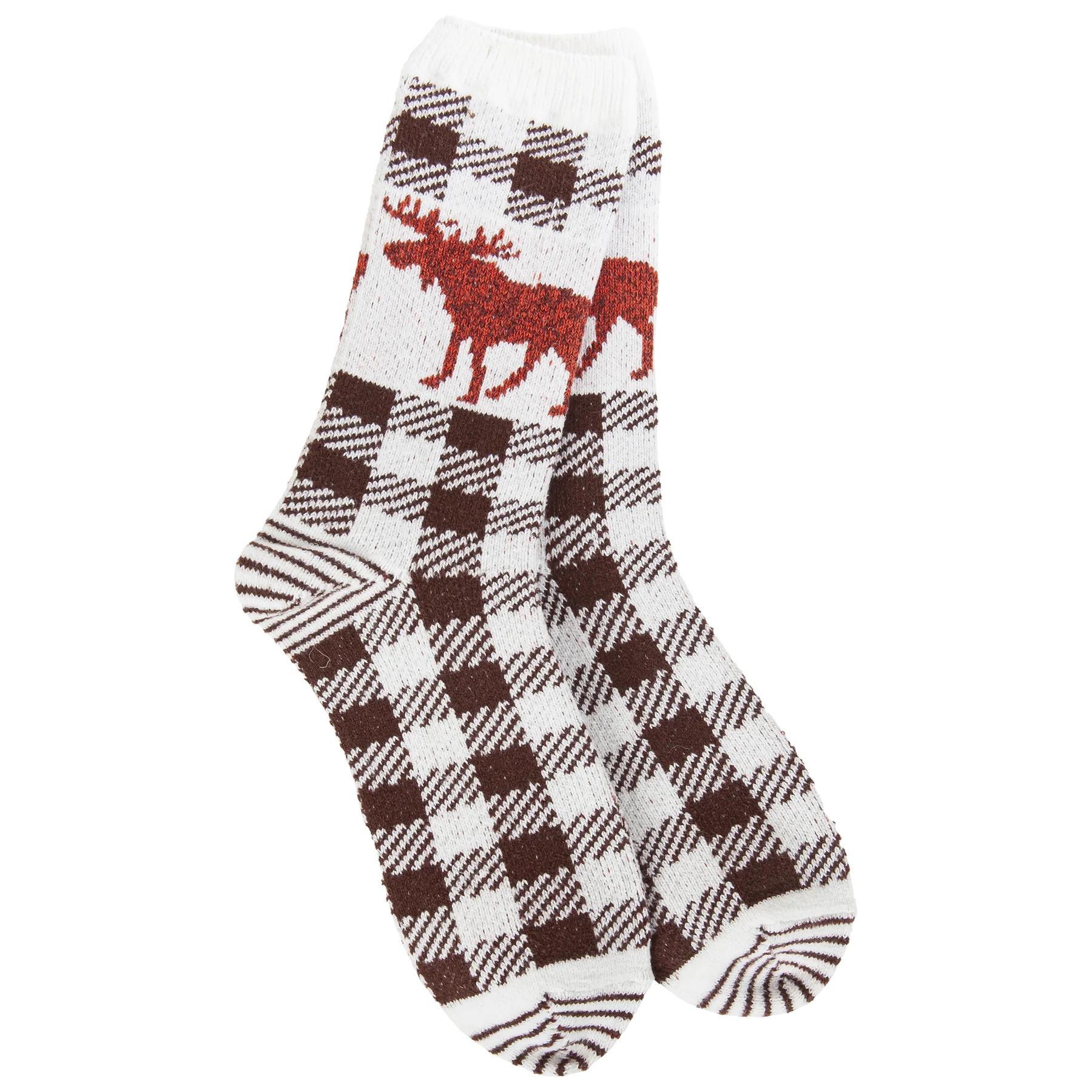 Plaid patterned sock with a red moose design on a white background