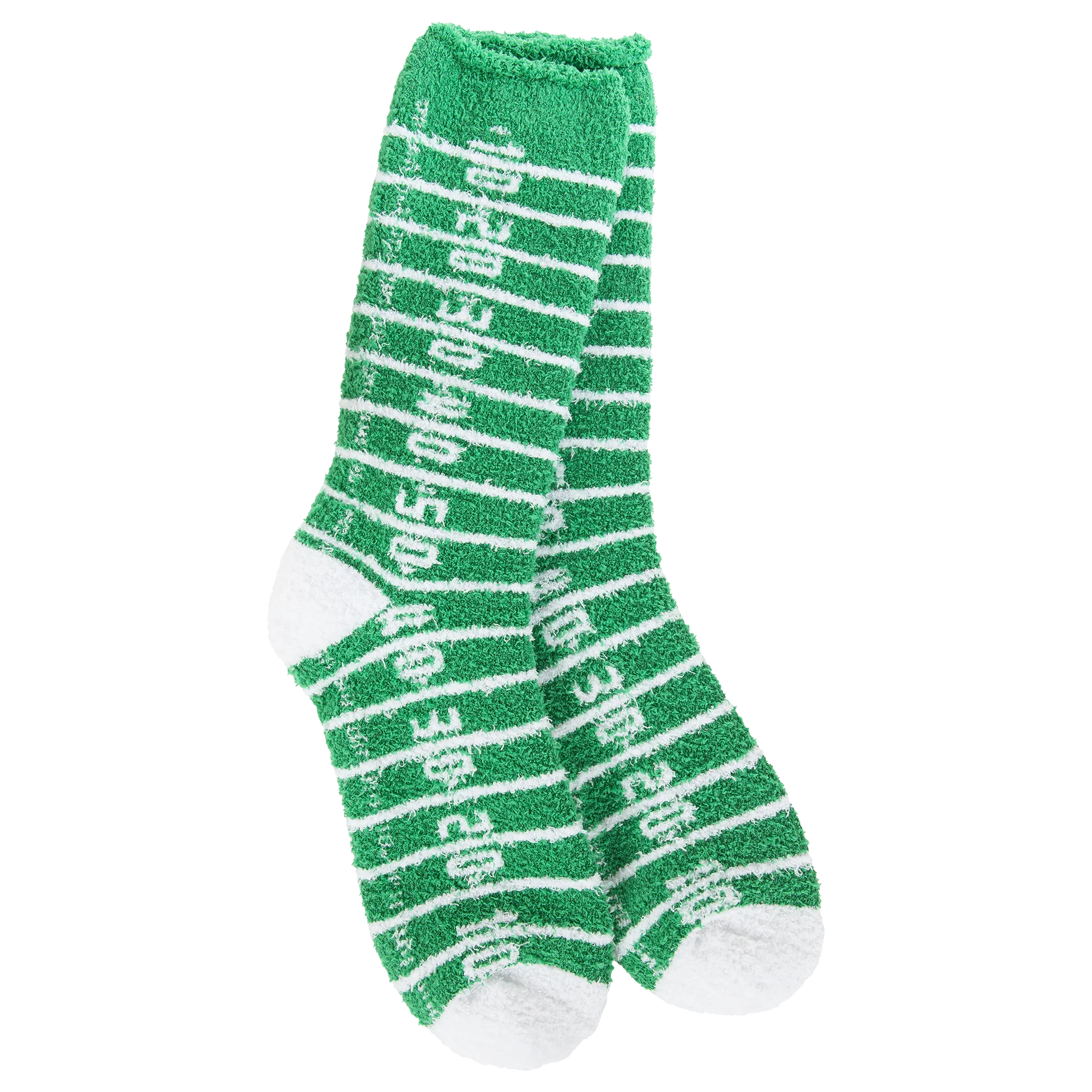 Green socks with white text on a white background