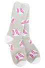 A pair of plush fleece socks in light gray with a red and white baseball pattern, shown against a plain white background.