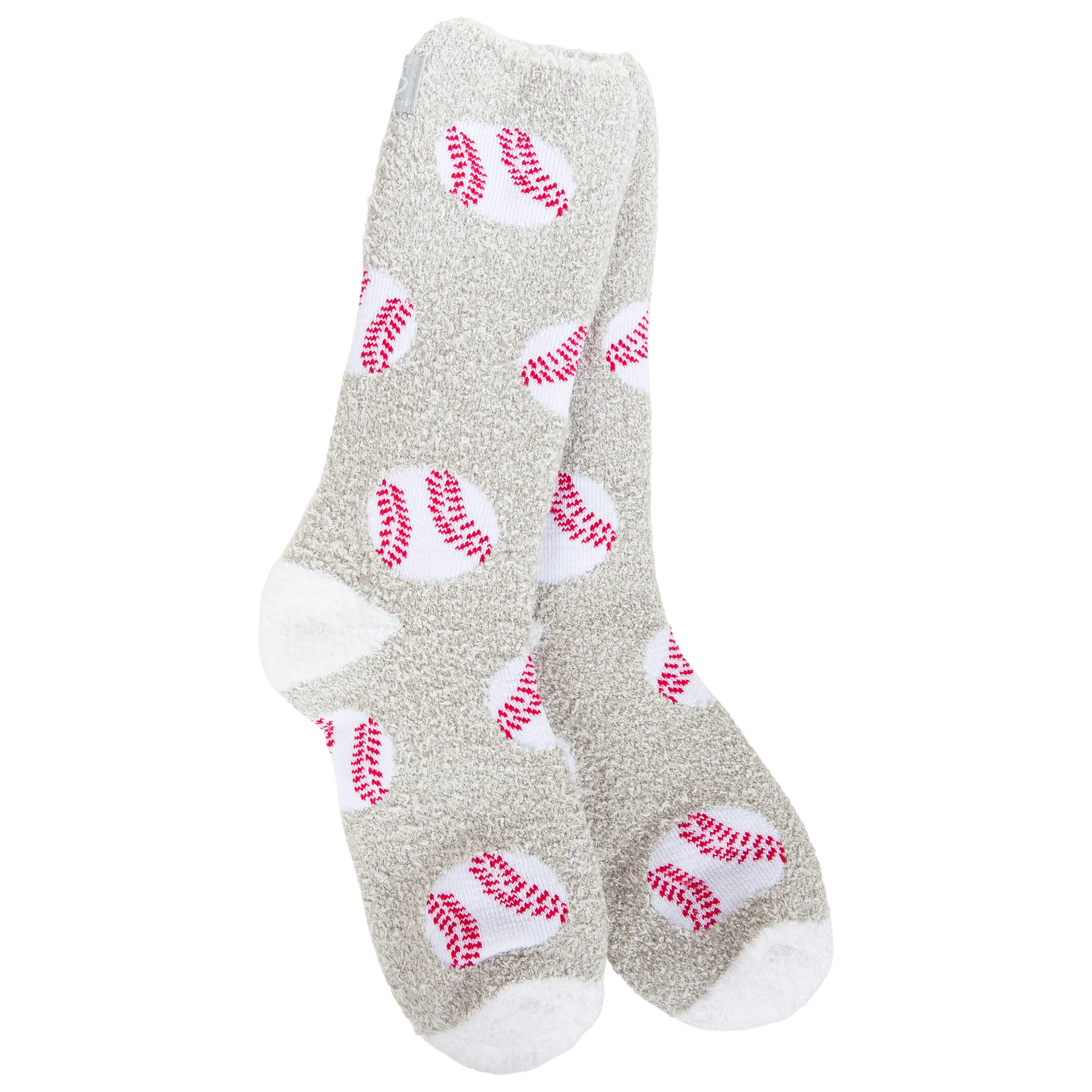 A pair of plush fleece socks in light gray with a red and white baseball pattern, shown against a plain white background.