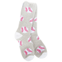 A pair of plush fleece socks in light gray with a red and white baseball pattern, shown against a plain white background.