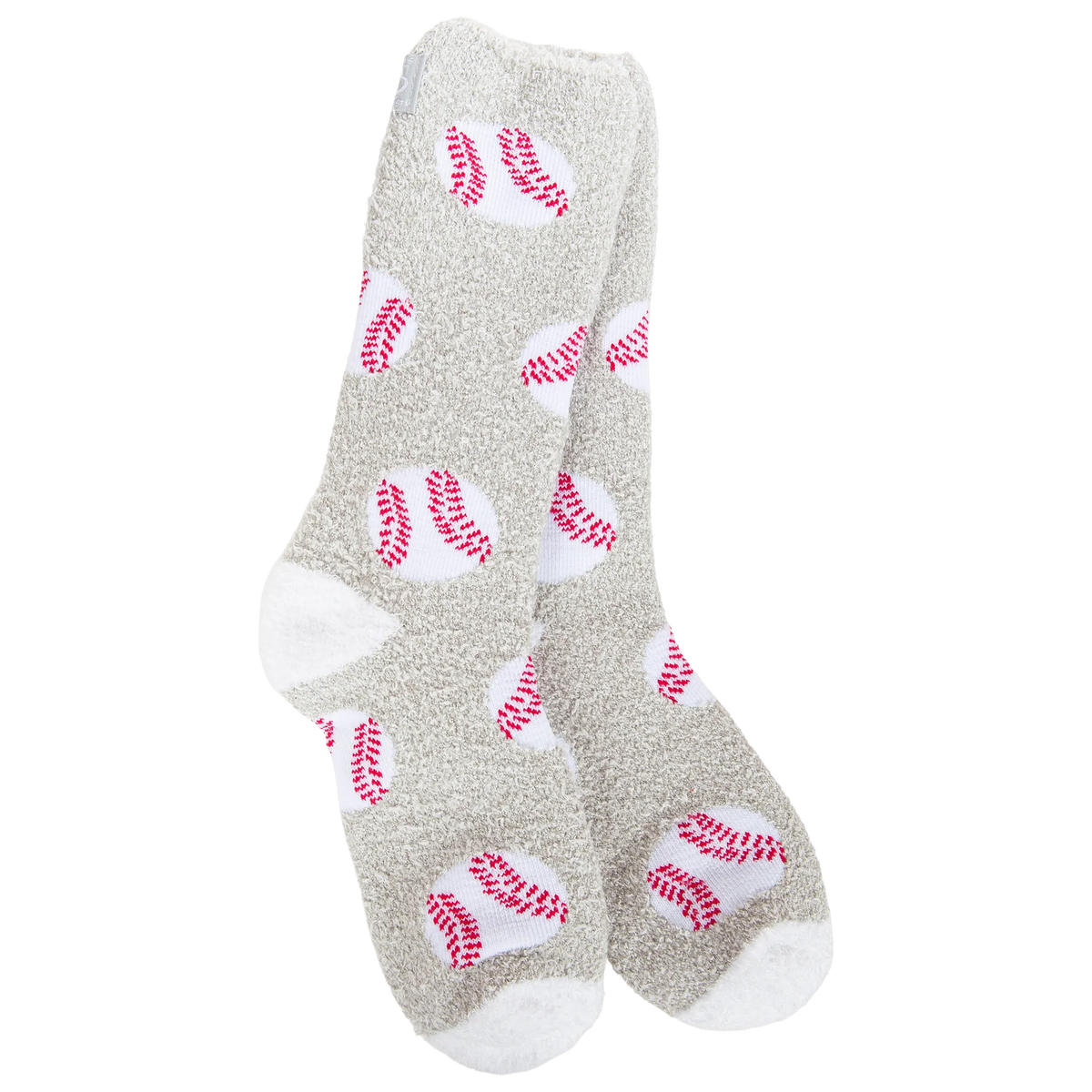 A pair of plush fleece socks in light gray with a red and white baseball pattern, shown against a plain white background.