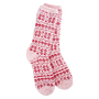 A pair of fuzzy knit socks in light pink with a red Nordic-style pattern, shown against a plain white background.