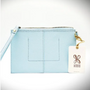 Light blue pouch with a gold zipper and 'Hobo' brand tag on a white background