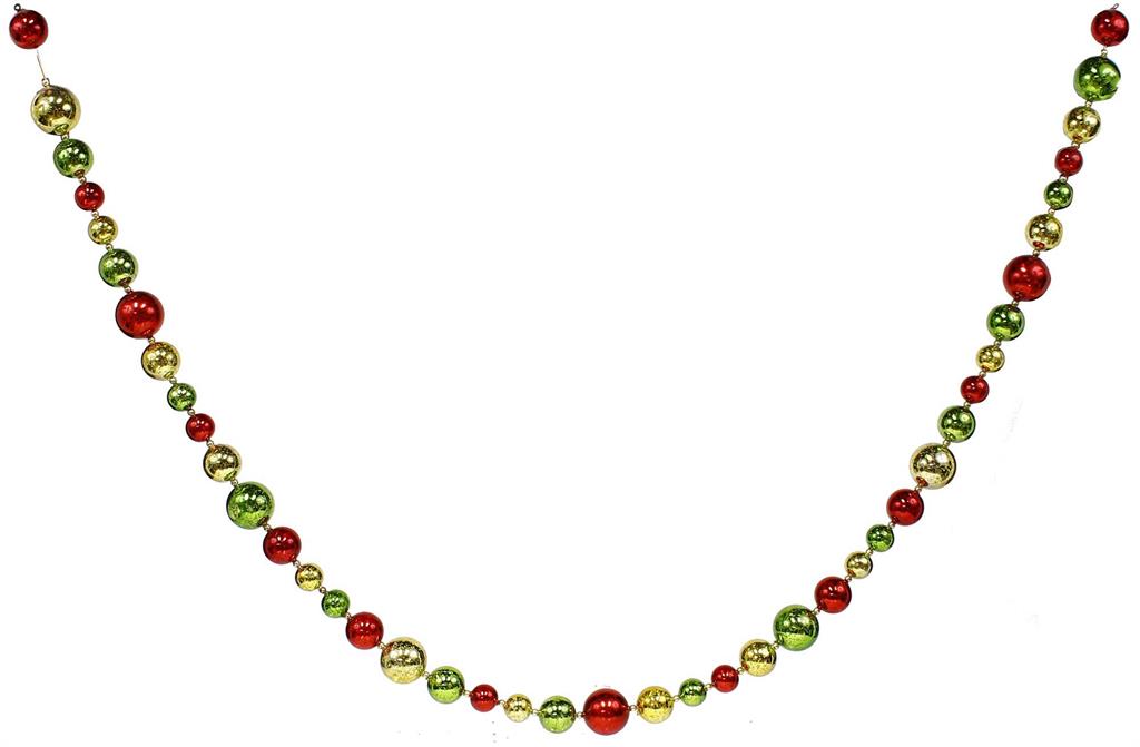 A festive Christmas garland featuring alternating shiny red and metallic gold-green baubles, displayed in a curved shape against a solid white background.