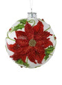 A round white Christmas ornament featuring a large red poinsettia flower with green leaves and a silver hanging cap, shown on a plain white background.