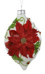 A white Christmas ornament shaped like a teardrop, featuring a large red poinsettia flower with green leaves and a silver hanging cap.
