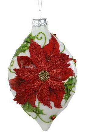 A white Christmas ornament shaped like a teardrop, featuring a large red poinsettia flower with green leaves and a silver hanging cap.