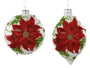 Two white Christmas ornaments with large red poinsettia flowers, green leaves, and silver hanging caps on a white background.