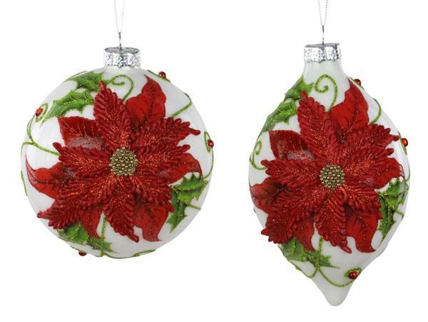 Two white Christmas ornaments with large red poinsettia flowers, green leaves, and silver hanging caps on a white background.