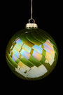 5"DIA PEARL/IRID SWIRL GLASS BALL ORNAMENT, OLIVE GREEN