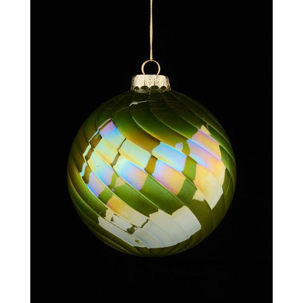 5"DIA PEARL/IRID SWIRL GLASS BALL ORNAMENT, OLIVE GREEN