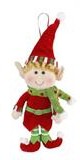 A small elf Christmas ornament with a red hat, green outfit, and red shoes, hanging against a plain white background.