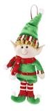 A festive elf Christmas ornament with a green hat, red and white striped pants, and a green hanging loop at the top.