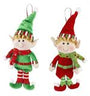 Two Christmas elf ornaments hanging side by side on a plain white background. Each ornament has a green hat with a white pom-pom, a red hat with a white pom-pom, and a red-and-green outfit with green boots.