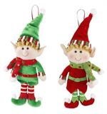 Two Christmas elf ornaments hanging side by side on a plain white background. Each ornament has a green hat with a white pom-pom, a red hat with a white pom-pom, and a red-and-green outfit with green boots.