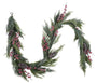 A festive artificial Christmas wreath made of green pine branches, decorated with clusters of pink berries and several pinecones, shown against a plain white background.