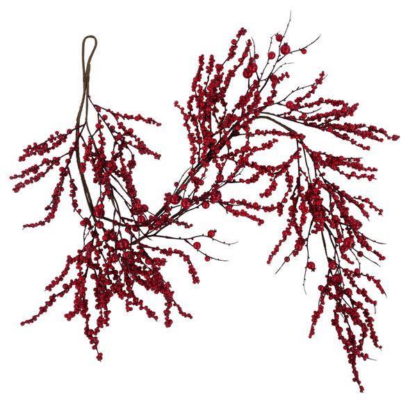 Red berry garland with many small red berries on thin brown branches, arranged in a curved shape against a plain white background.