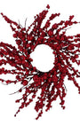 A festive artificial berry wreath featuring dense clusters of deep red berries on dark brown branches, arranged in a circular wreath shape against a solid white background.