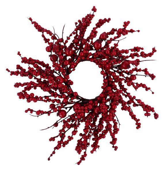 A festive artificial berry wreath featuring dense clusters of deep red berries on dark brown branches, arranged in a circular wreath shape against a solid white background.