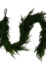 A green artificial pine garland with a black hanging loop, photographed against a plain white background.