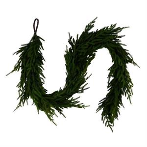 A green artificial pine garland with a black hanging loop, photographed against a plain white background.