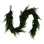 A green artificial pine garland with a black hanging loop, photographed against a plain white background.