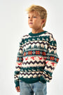 Child wearing a patterned sweater with reindeer and trees on a plain background