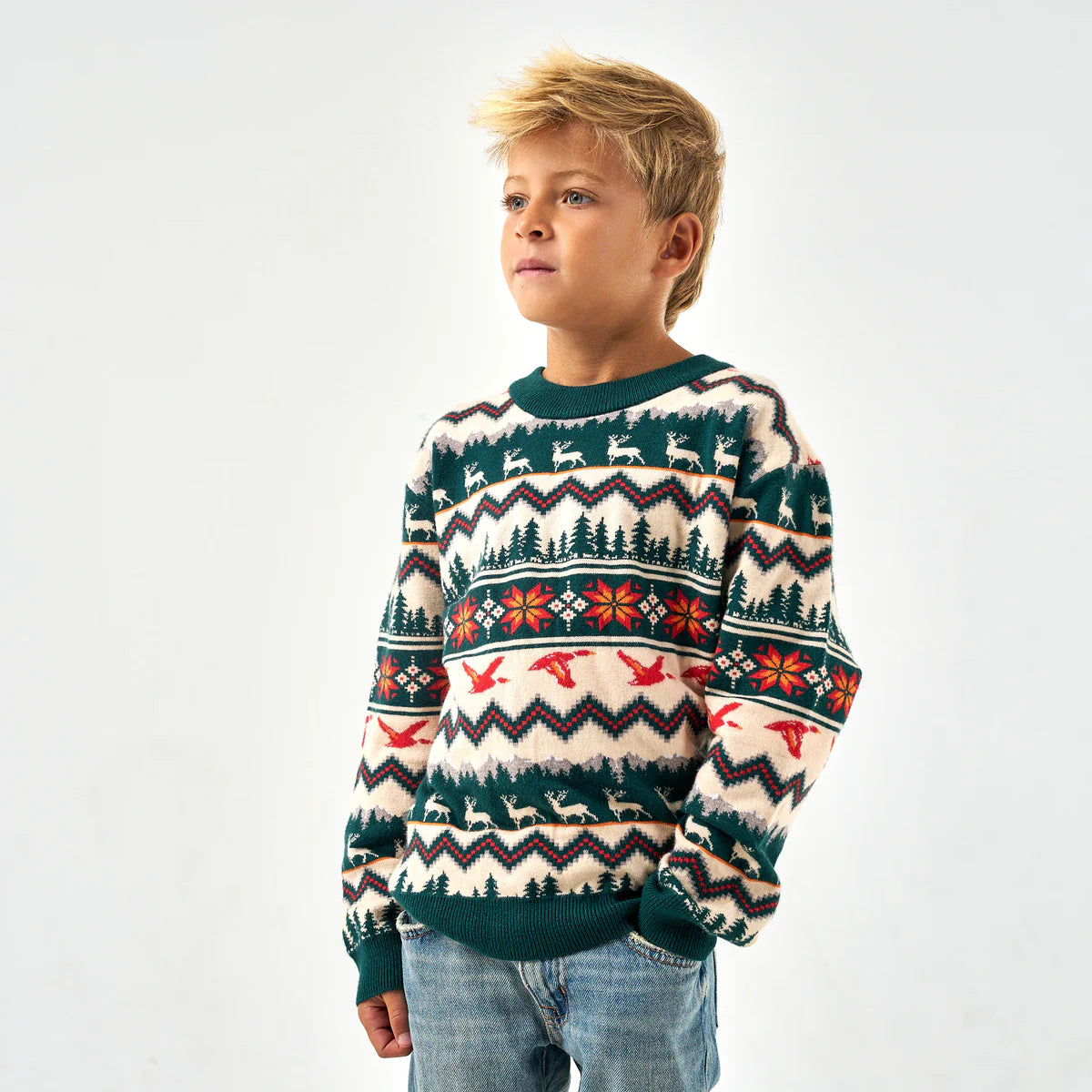 Child wearing a patterned sweater with reindeer and trees on a plain background