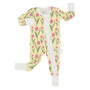 Floral patterned baby onesie with a zipper on a white background