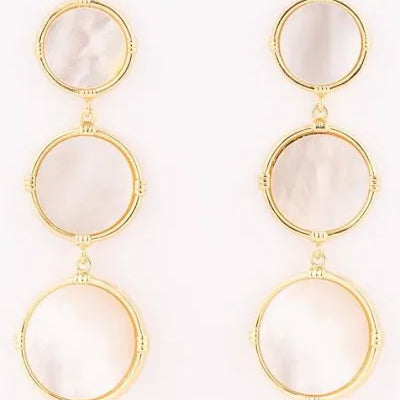 Gold earrings with three circular stones on a white background