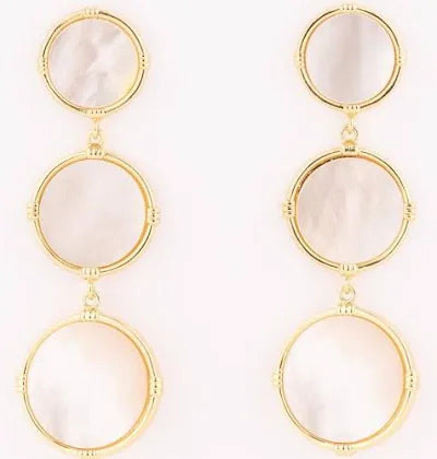 Gold earrings with three circular stones on a white background