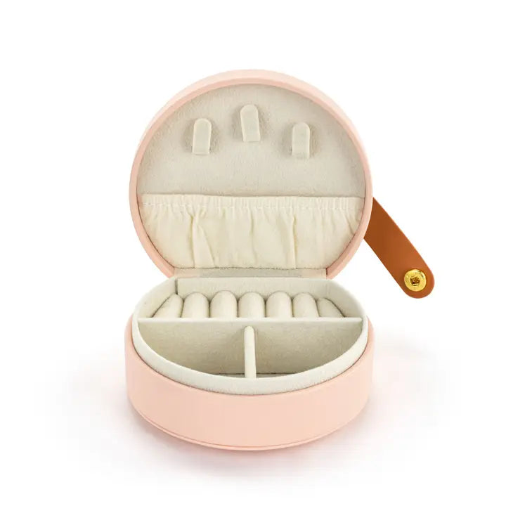 Pink jewelry case with a gold clasp on a white background