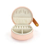 Pink jewelry case with a gold clasp on a white background