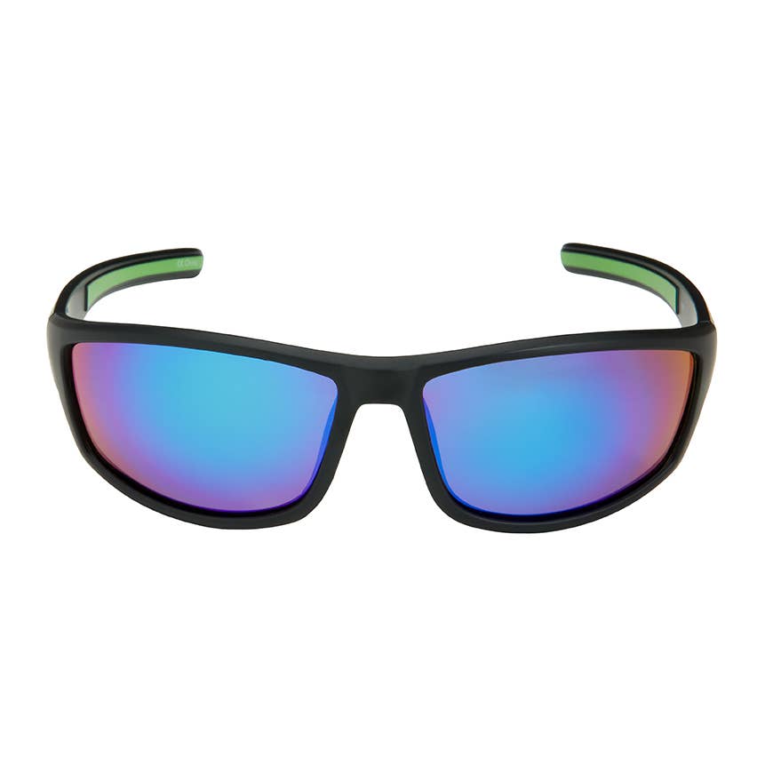 Sunglasses with black frame and blue-tinted lenses on a white background