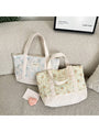 Quilted floral tote bag with light blue floral panels and cream ribbed bottom