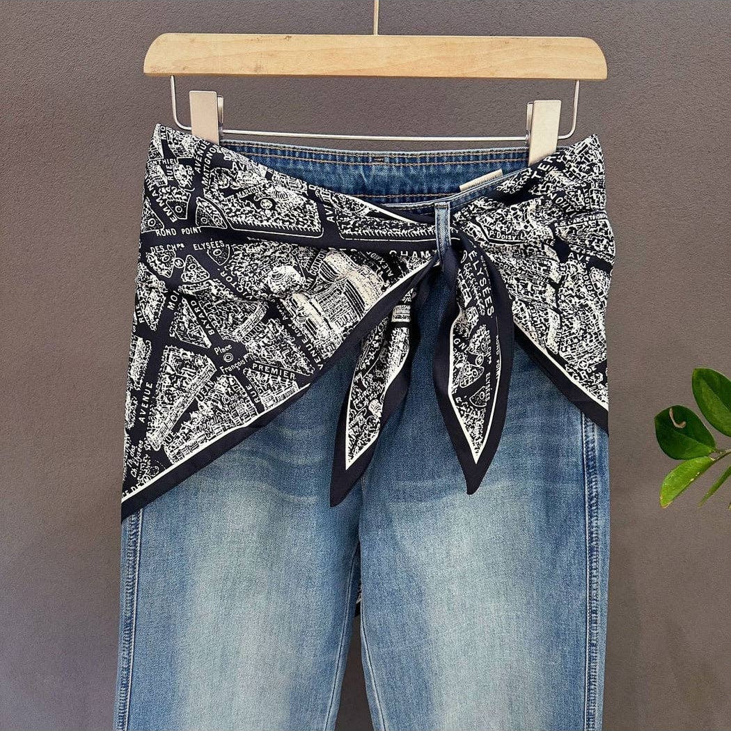 Triangle scarf, black and white abstract print, tied at front with long ends