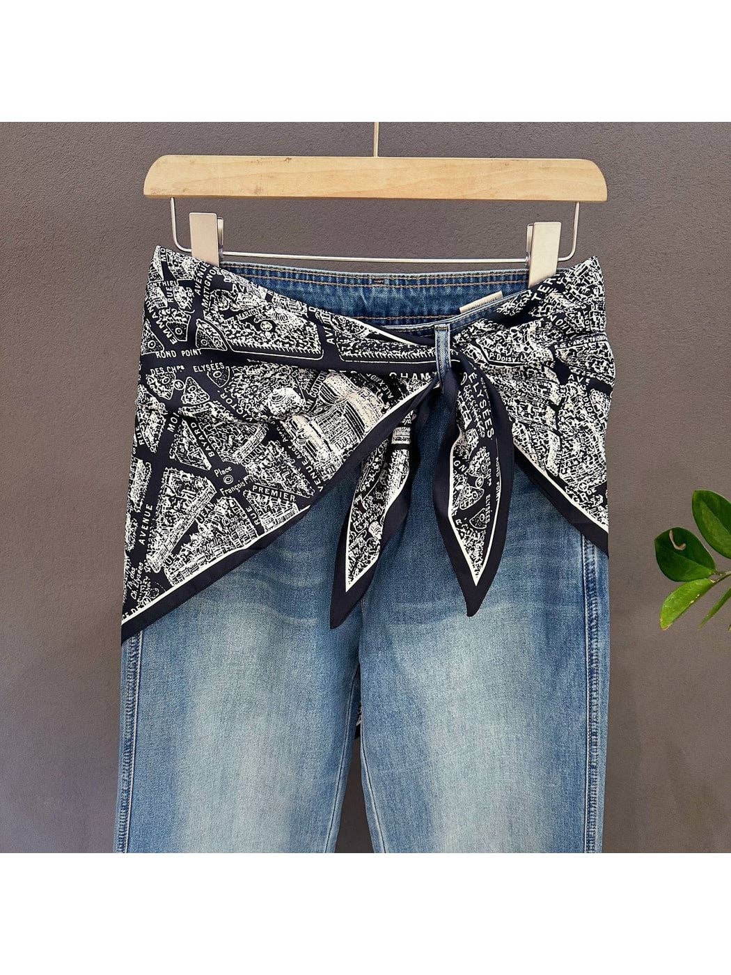 Triangle scarf, black and white abstract print, tied at front with long ends