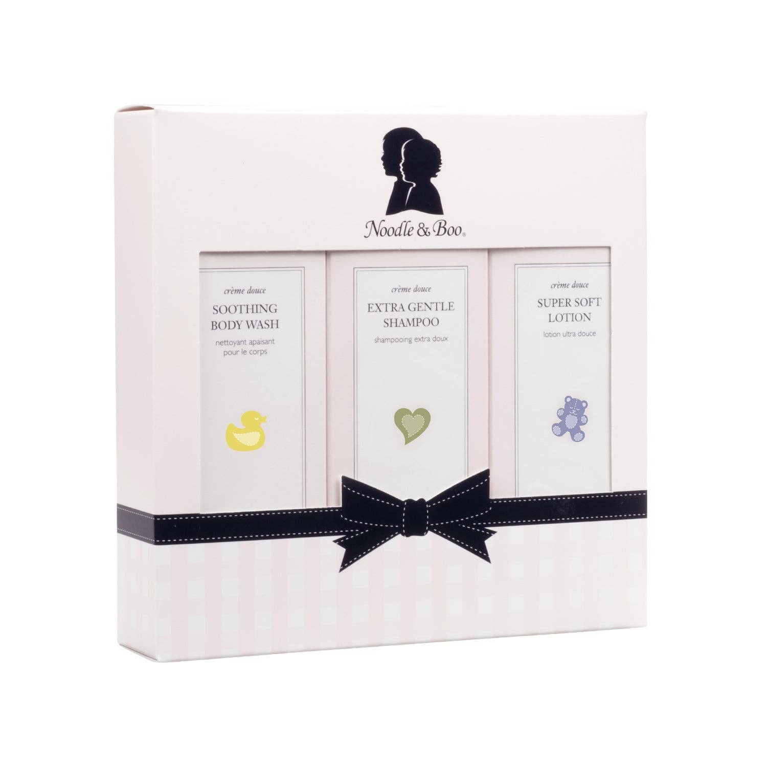Noodle & Boo baby product set packaging with three bottles and a bow on a white background