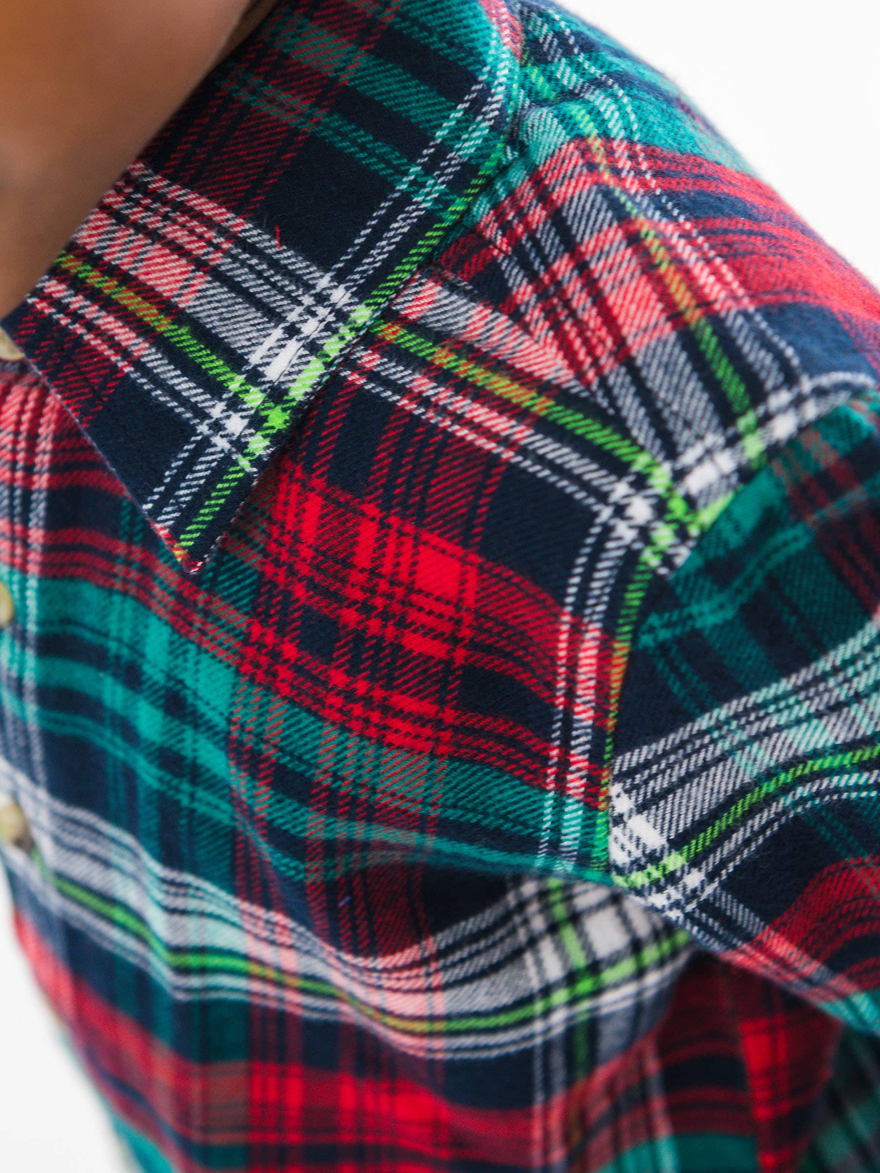 Close-up of a plaid shirt with red, green, and blue patterns.