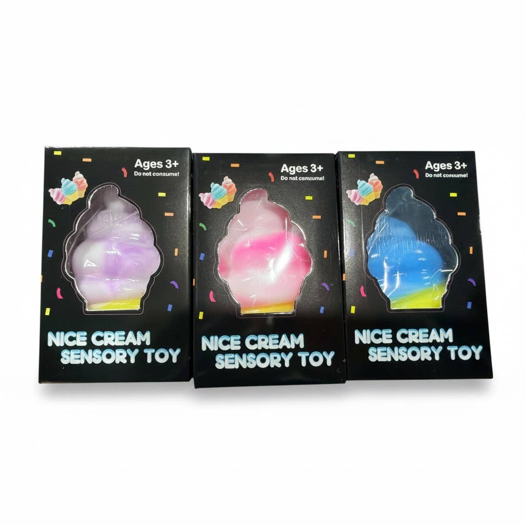Three packages of Nice Cream Sensory Toys with colorful designs on a white background